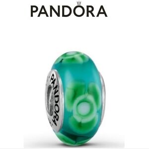 Vtg Pandora Retired Turquoise Green Flowers "For You"  Murano Glass Bead 790649